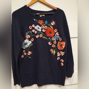 LOFT blue floral embroidered sweater sz large